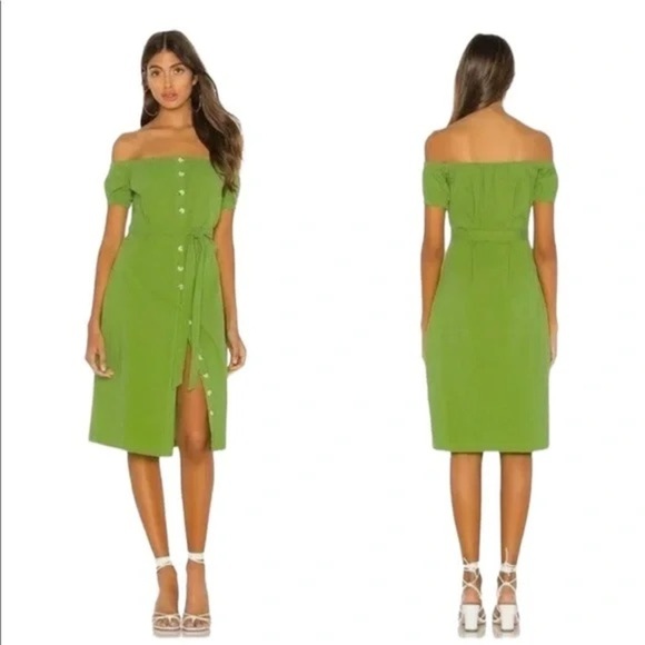 L’Academie Callao Green Off-Shoulder Button Down Front Midi Dress Size Small S - Picture 1 of 11